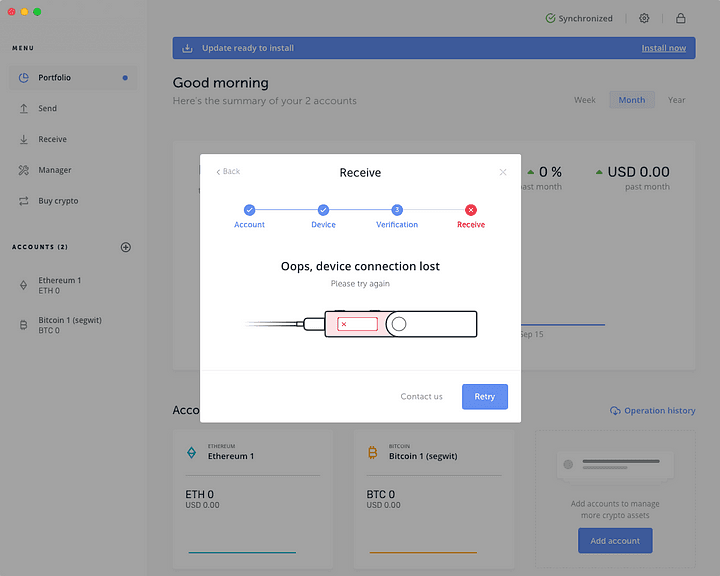 If the hardware wallet is disconnected at any point, the process must be restarted